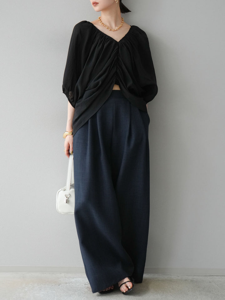[SET]ボリュームスリーブシアータックブラウス+リネンライクイージーワイドパンツ(2set)