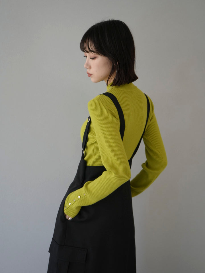 [Pre-order] Sleeve button bottle neck ribbed knit top/yellow green