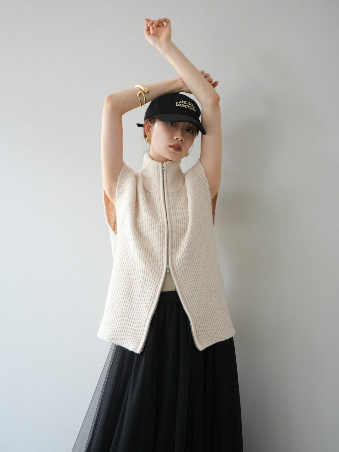 [予約]ダブルZIPハイネック畦編みニットベスト/オートミール