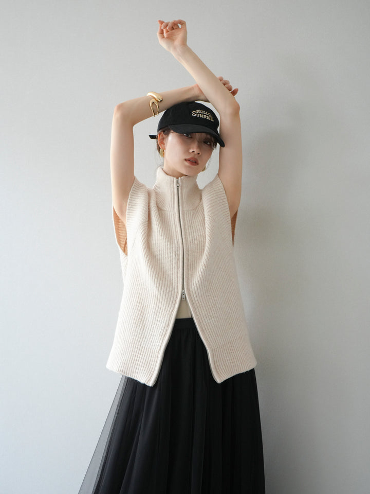 [予約]ダブルZIPハイネック畦編みニットベスト/オートミール