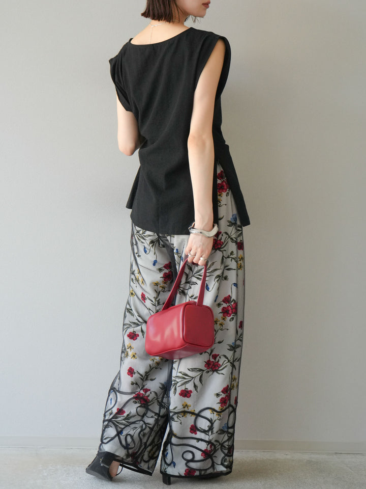 [SET] 側扭法式上衣+植物圖案休閒褲+繩繡薄紗疊穿褲（3件套裝）