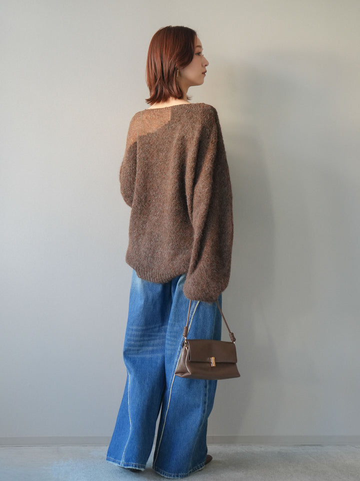 [SET]透かしデザインニットプルオーバー+サイドフリンジワイドデニムパンツ(2set)