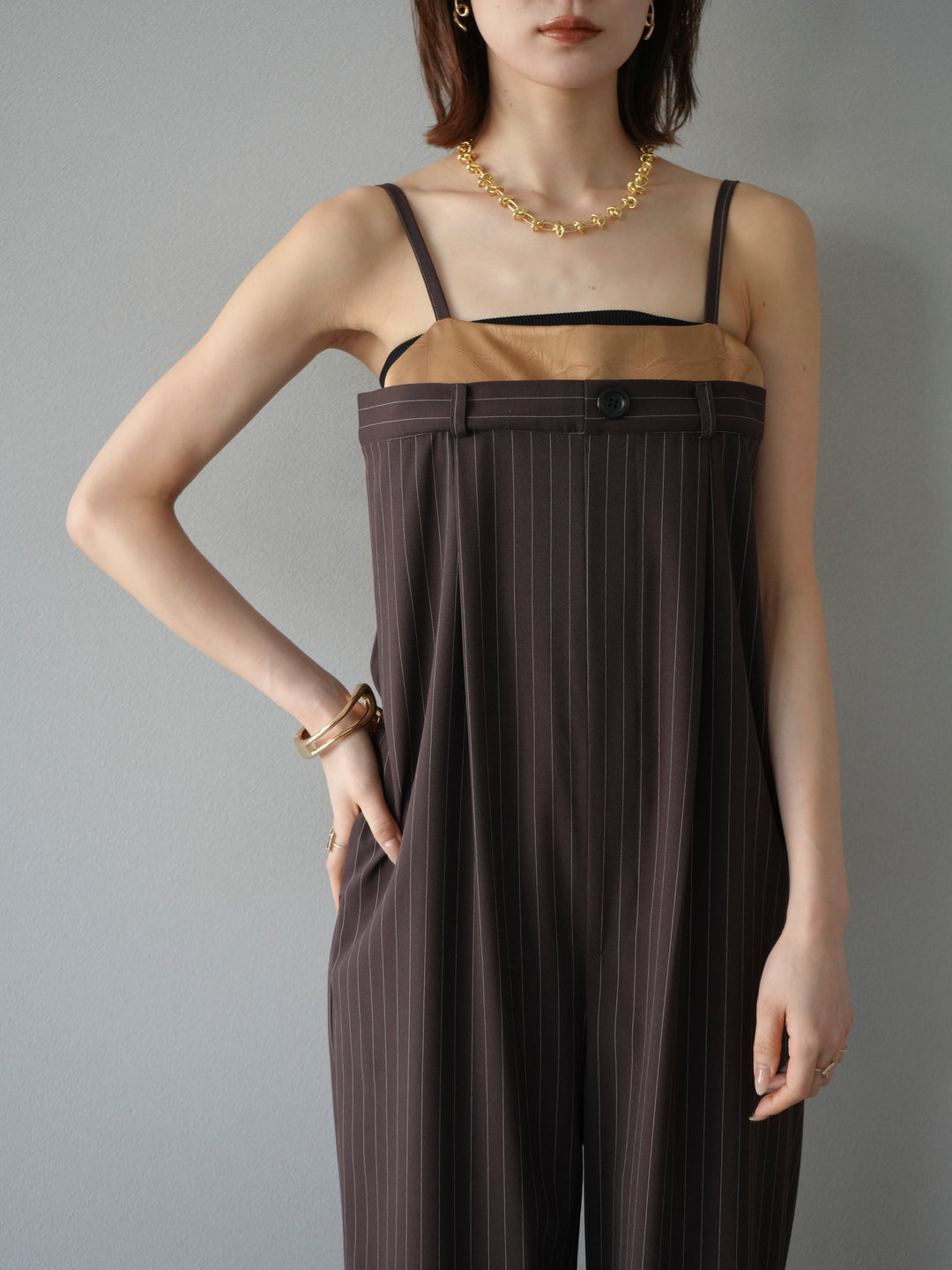 [予約]サテン切替ピンストライプサロペット/ブラウン