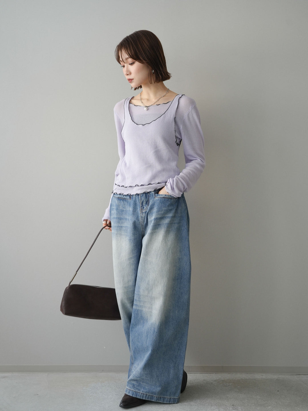 [SET]バイカラーメローアンサンブルシアーニットトップス+フロントポケットサイドタックワイドデニム(2set)