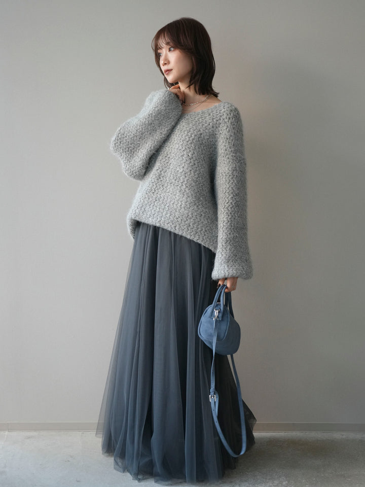 [SET]ウールタッチラメミックスヤーンVネックニットプルオーバー+チュールボリュームスカート(2set)