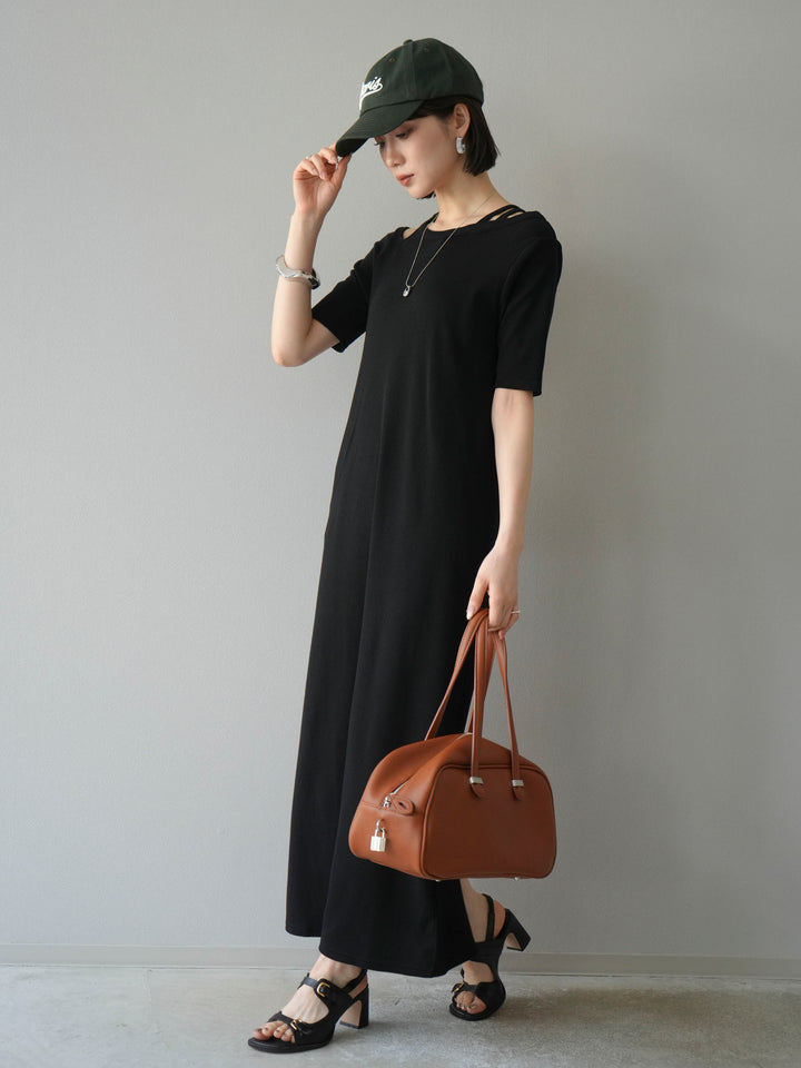 [予約]デザインネックカットリブワンピース/ブラック