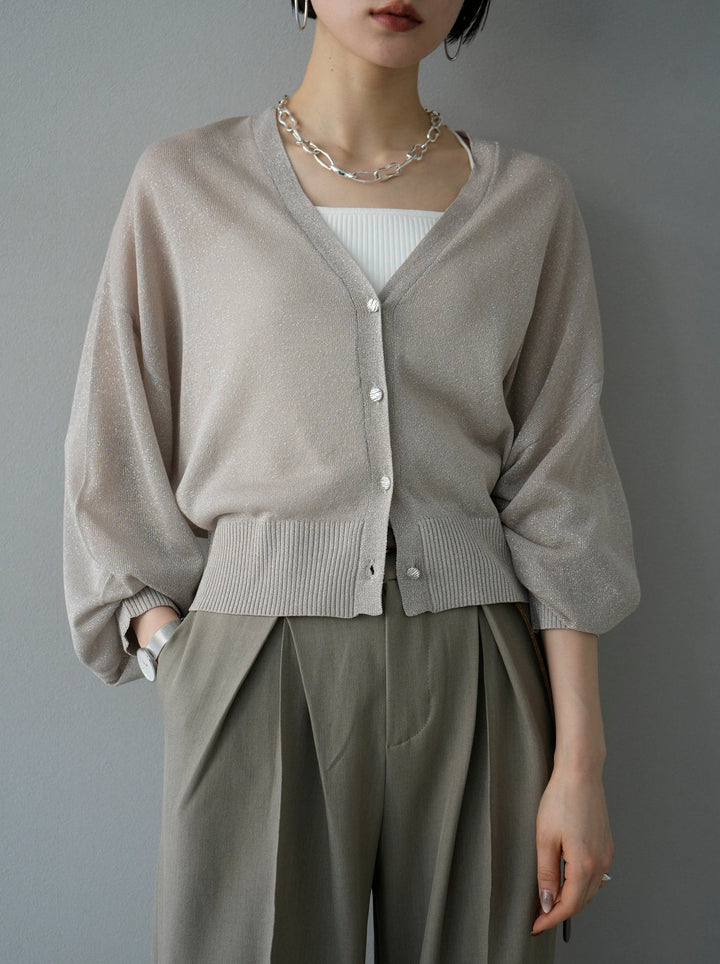 [SET] Lame sheer knit cardigan + double strap cut rib bra camisole + design tuck wide pants L (3set)