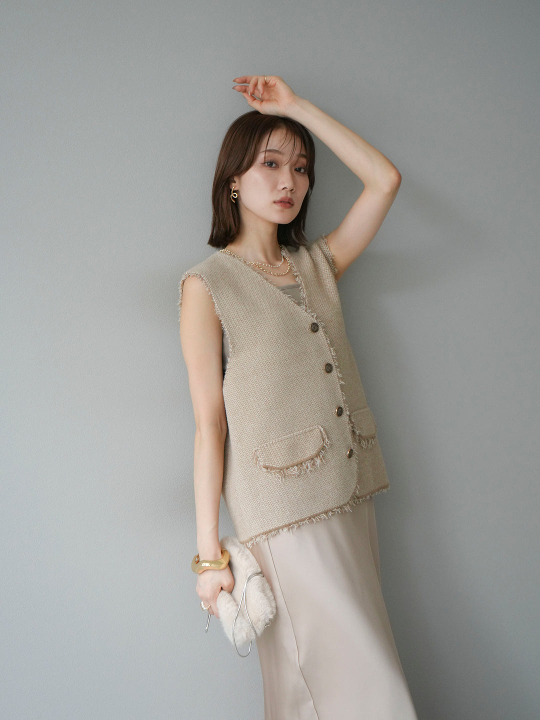 [予約]ツイードライクフリンジニットベスト/ベージュ