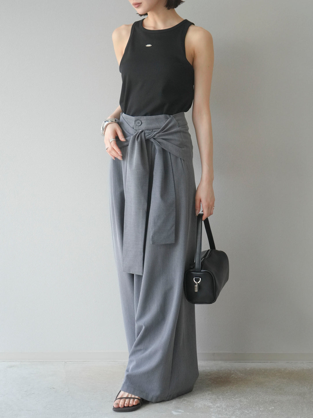 【預購】條紋裹腰寬褲/灰色