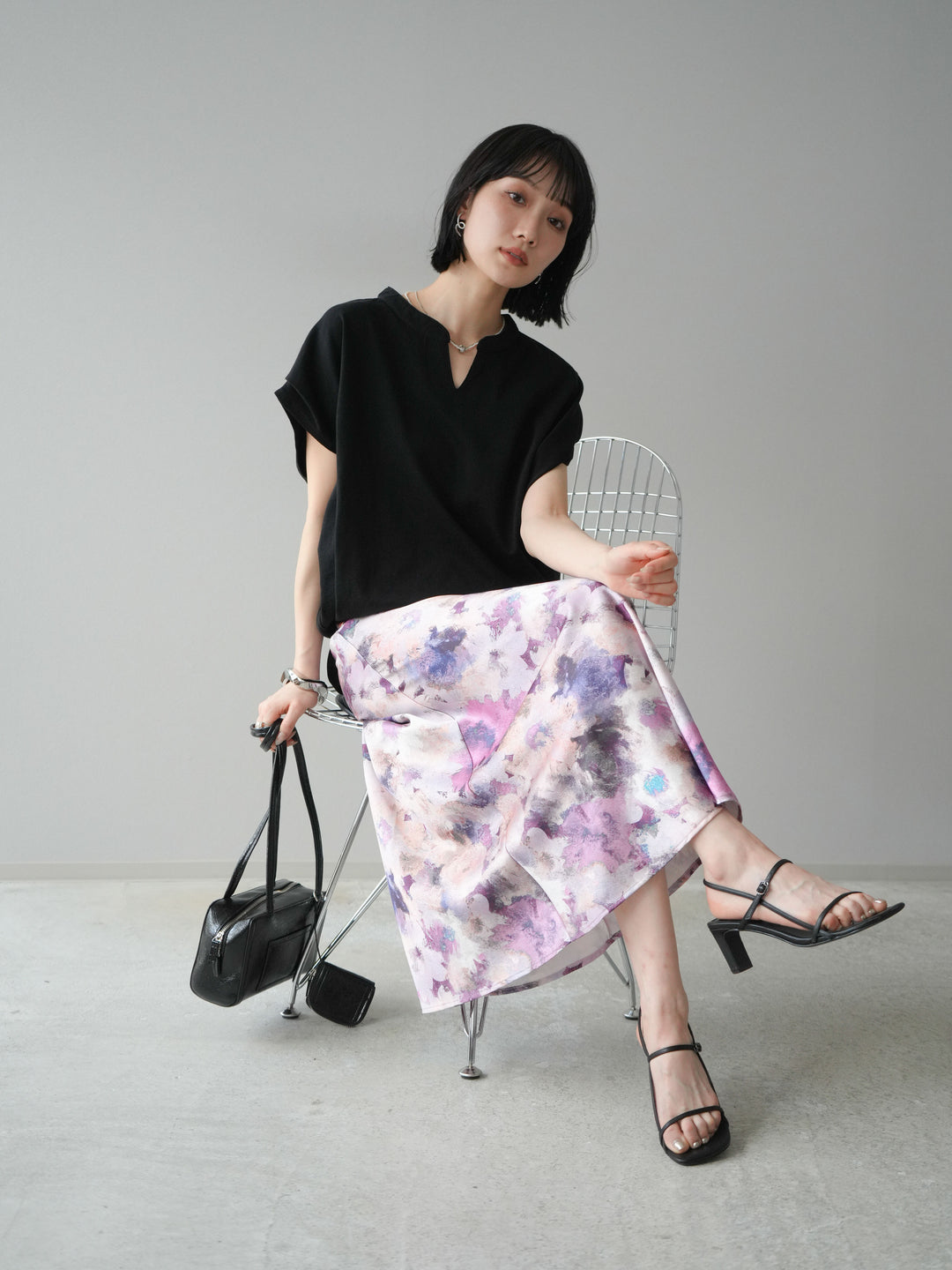 [予約]キーネックドルマンルーズコットンTシャツ/ブラック