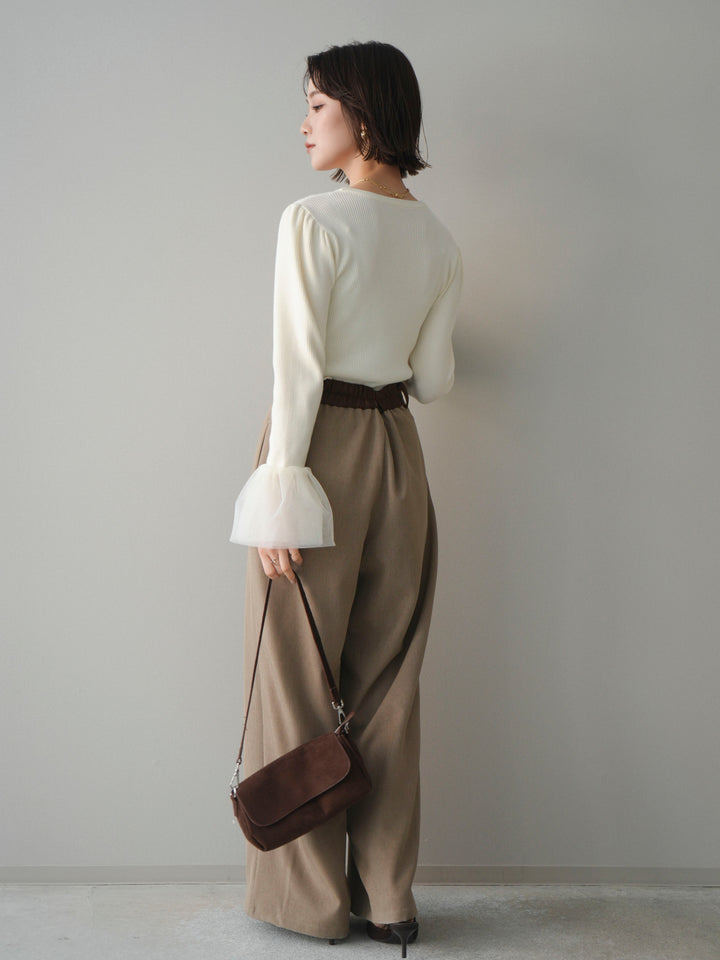 [予約]サテンベルトタックワイドパンツ/beige