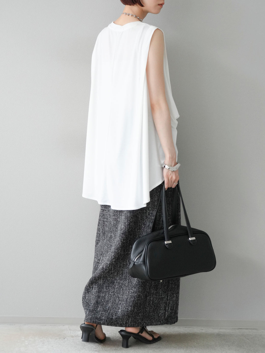 [予約]サマーツイードタックサイドスリットスカート/ブラックホワイト