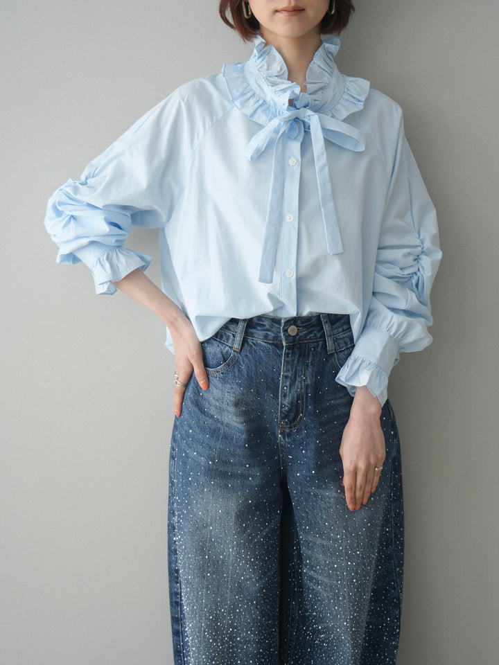 [予約]フリルネックギャザーブラウス/blue