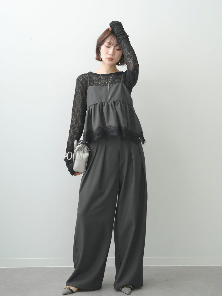 [SET]ツイルレースヘムキャミソール+メッシュレースバックオープントップス+ツイルタックワイドパンツ(3set)