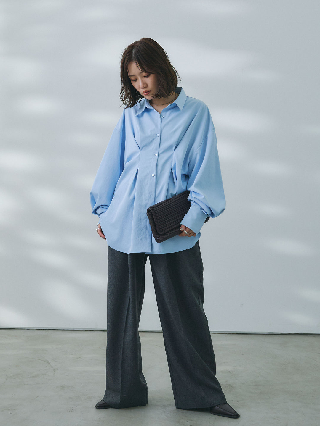 【Allure】[SET]合繊ウエストタックシャツ+杢調ライトストレートパンツ(2set)