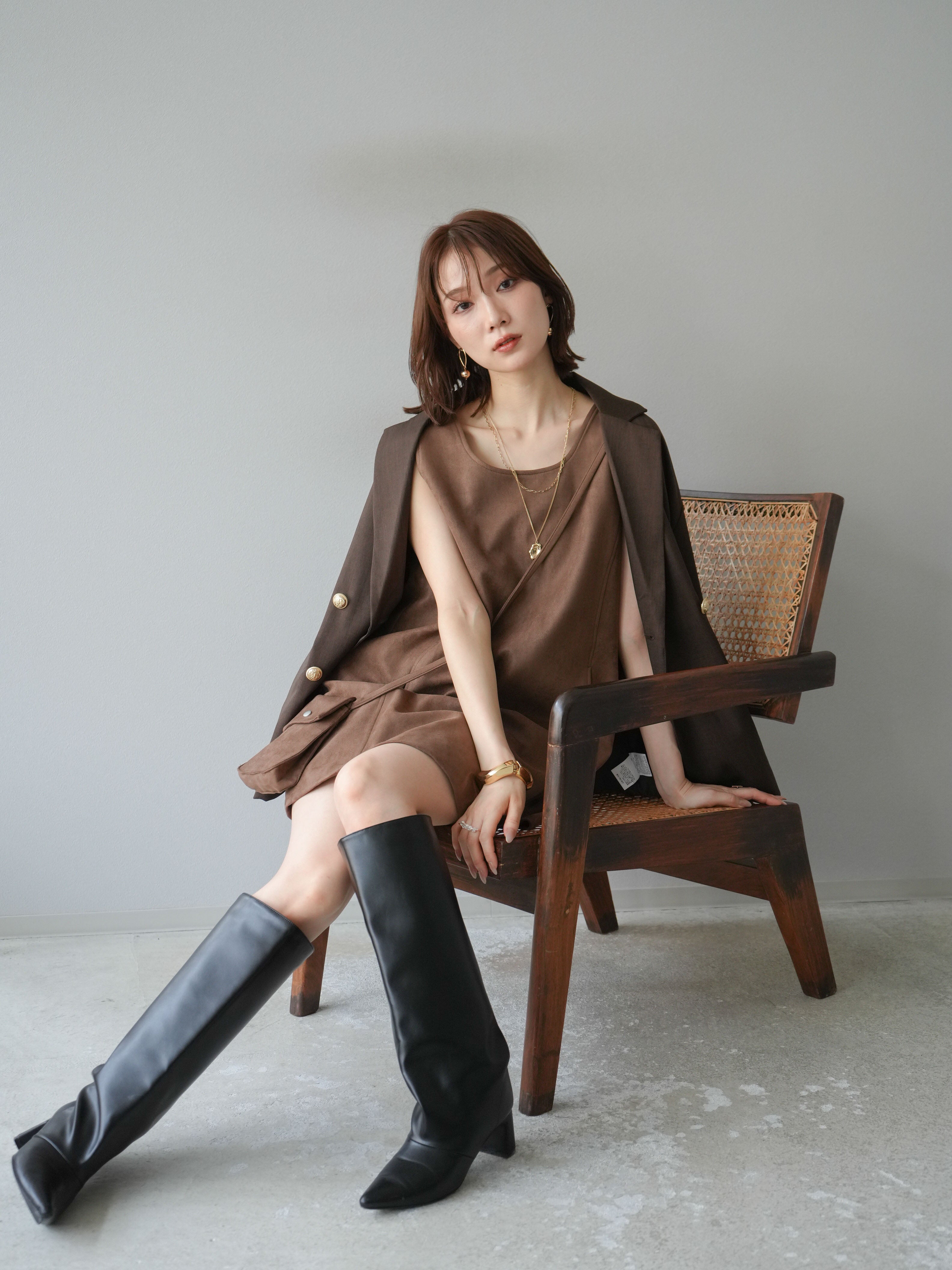 予約]ゴールドボタンツイルダブルテーラードジャケット/ブラウン – Lumier