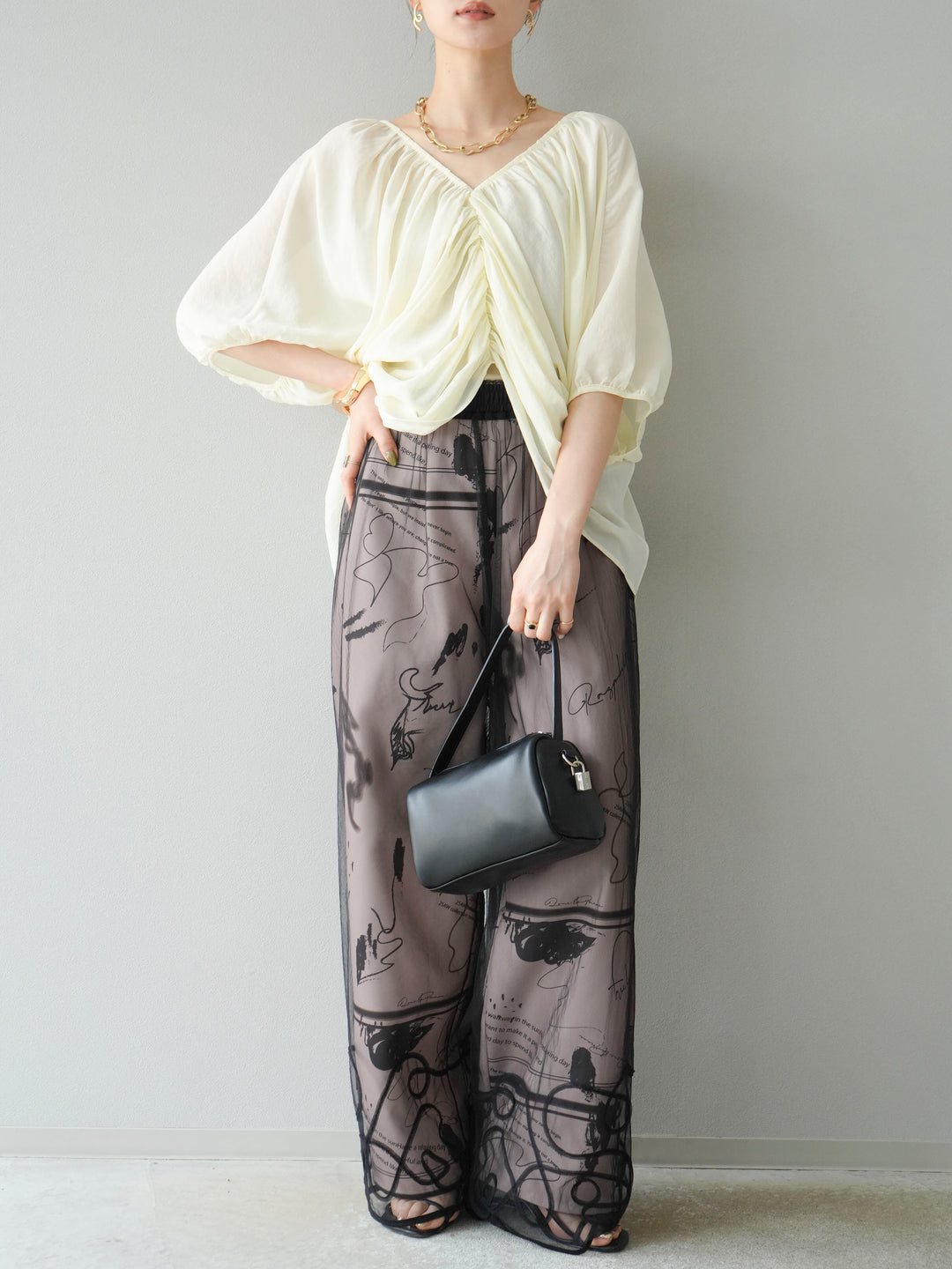 [SET]コード刺繍チュールレイヤードパンツ+ペイント柄タックパンツ(2set)