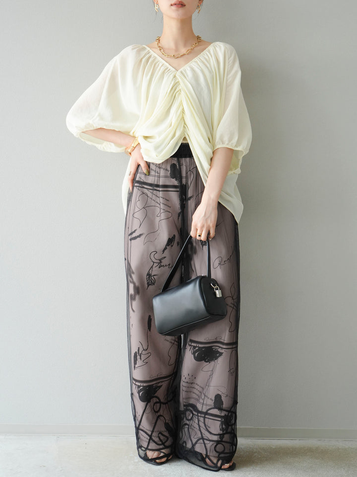 [SET]コード刺繍チュールレイヤードパンツ+ペイント柄タックパンツ(2set)
