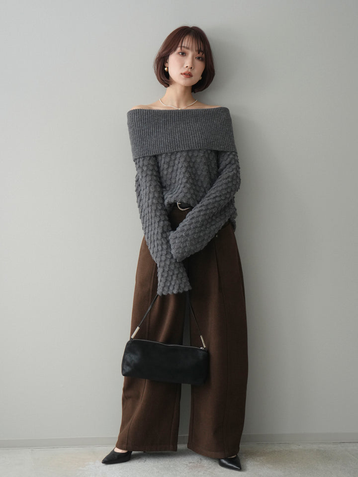 [SET]ポコポコ編みオフショルニットプルオーバー+ベルト付起毛コクーンパンツ(2set)