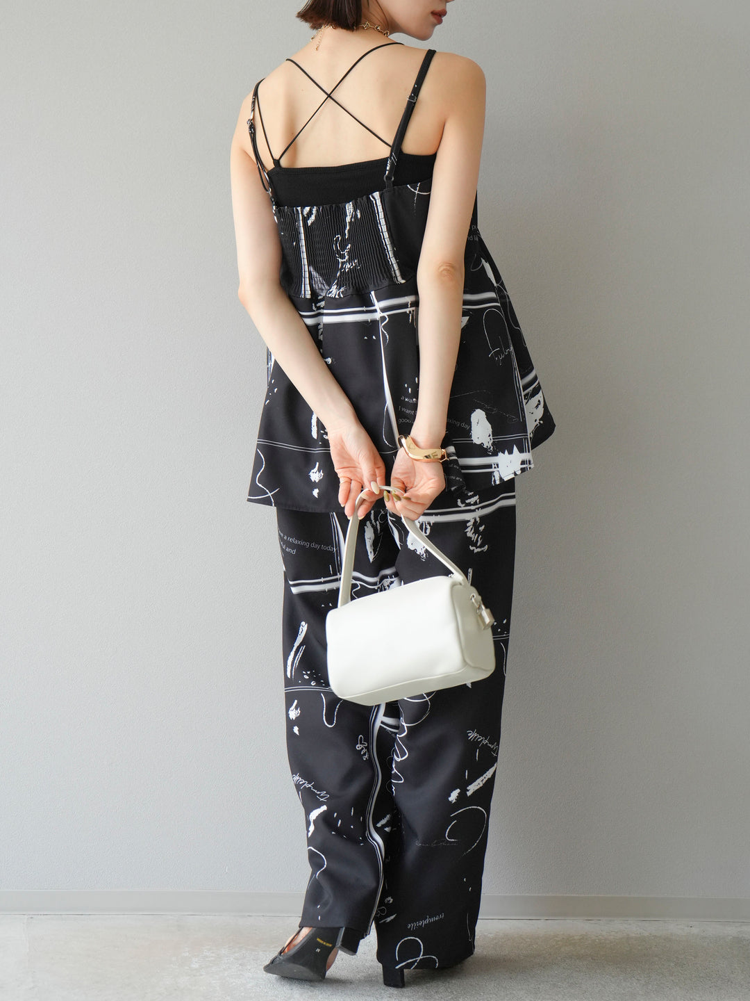 [予約]ペイント柄タックパンツ/ブラック