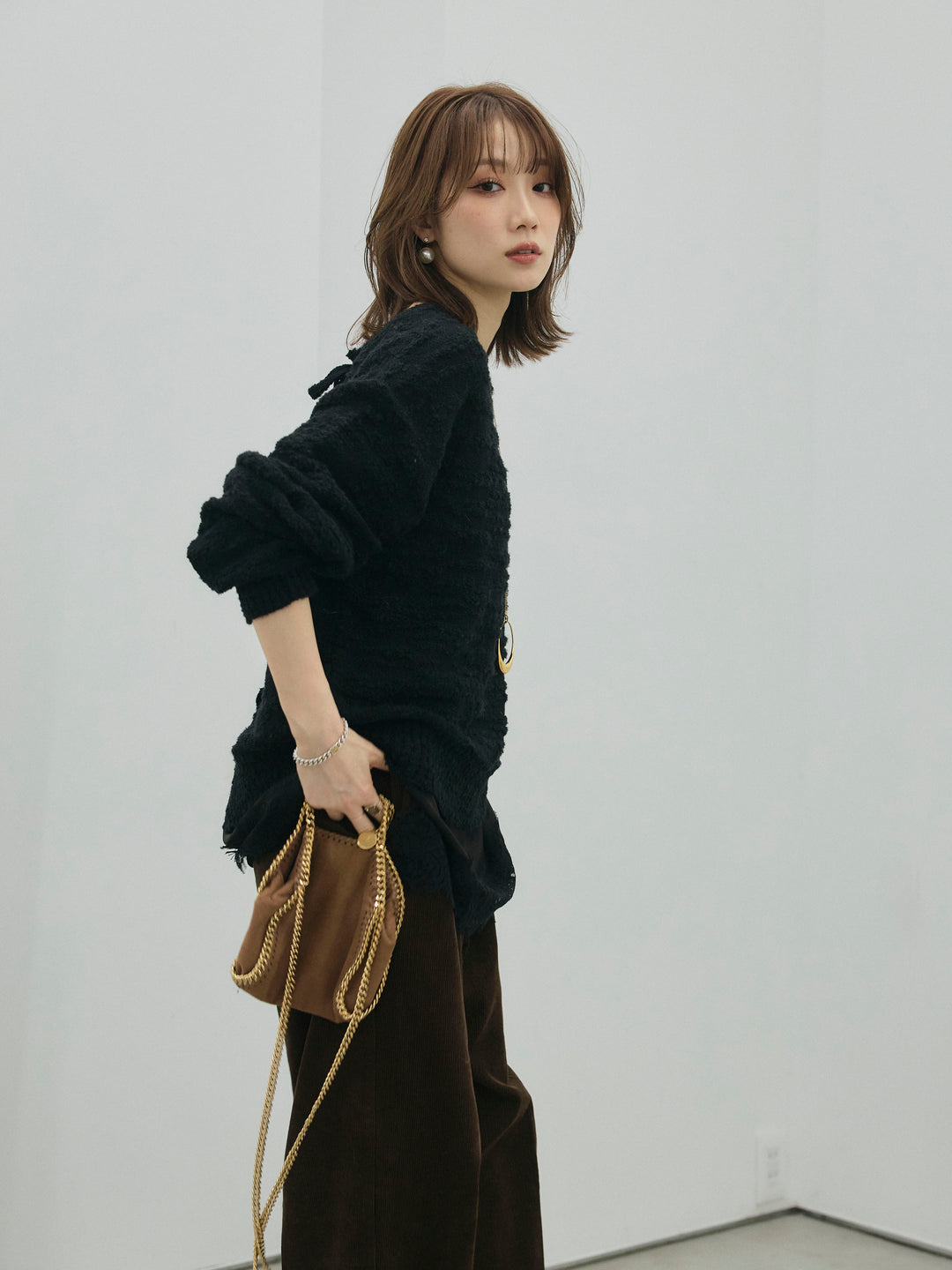 【Allure】[SET]バックリボンニュアンスブークレニットプルオーバー+コーデュロイタックワイドパンツ(2set)