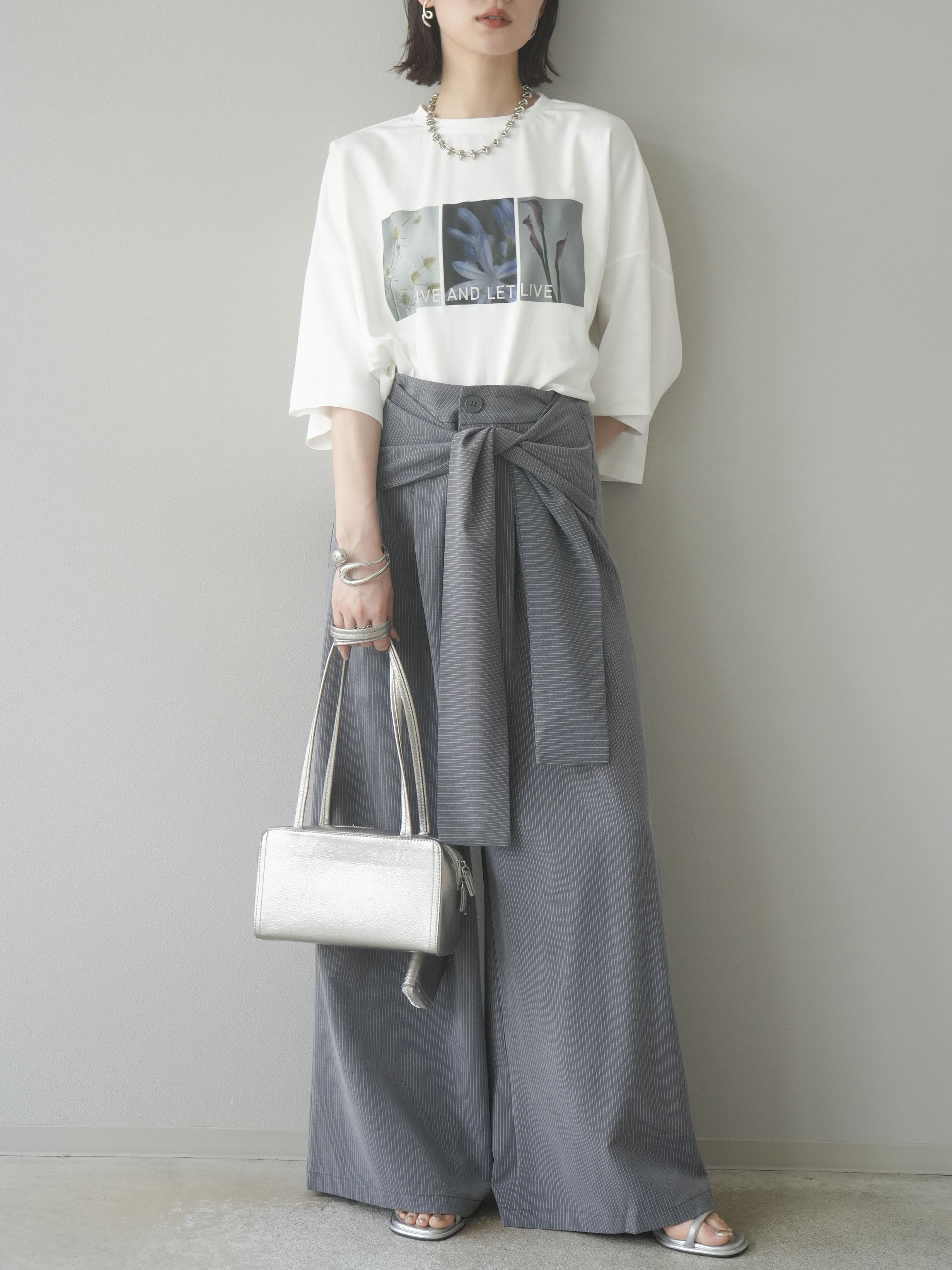 予約]ウエスト巻きストライプワイドパンツ/グレー – Lumier