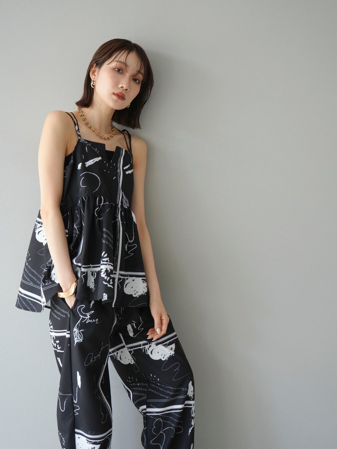 [予約]ペイント柄キャミソール/ブラック