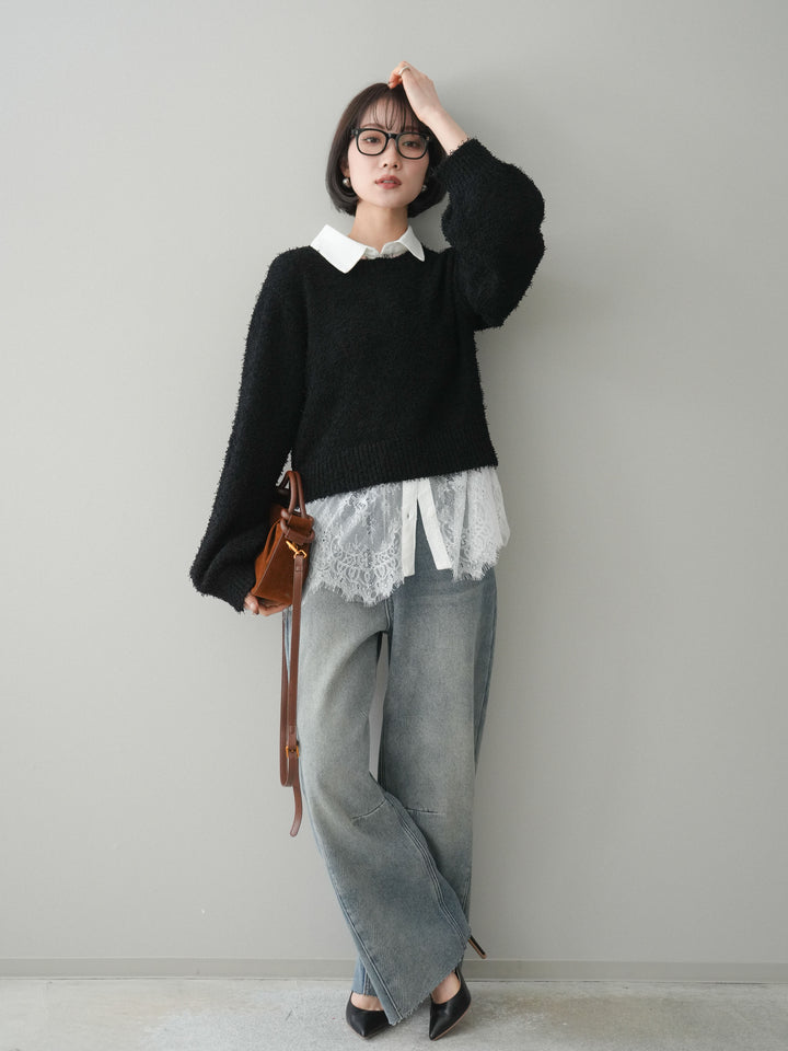 [予約]裏起毛カットオフカーブデニムパンツ/blue