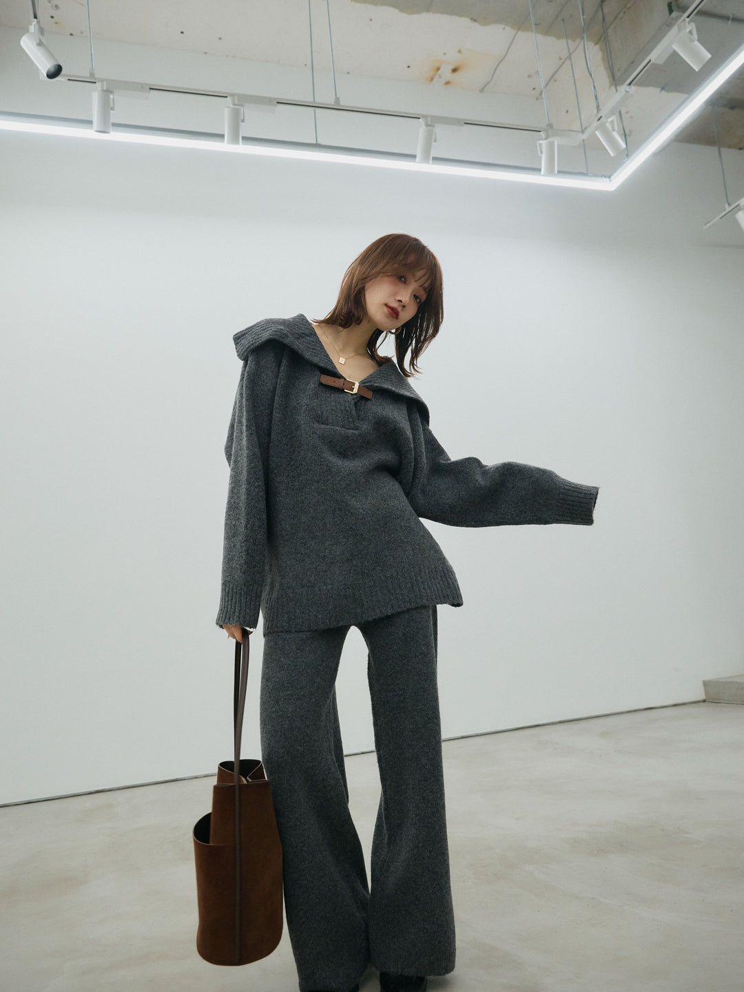 [SET]ベルトデザインポロニット&ニットパンツSET UP