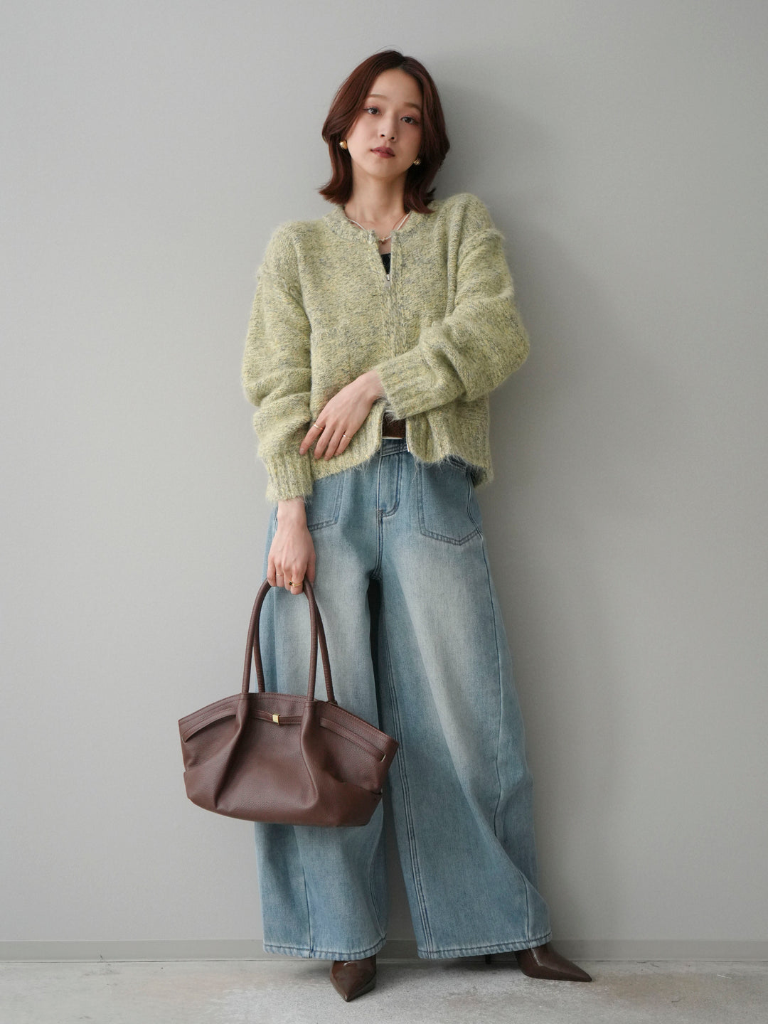 [SET]ミックスヤーンダブルZIPニットカーディガン+ベルト付裏起毛カーブデニムパンツ(2set)