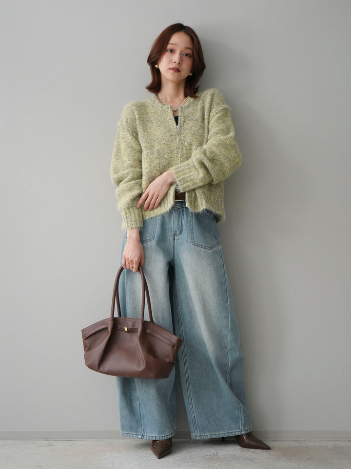 [SET]ミックスヤーンダブルZIPニットカーディガン+ベルト付裏起毛カーブデニムパンツ(2set)