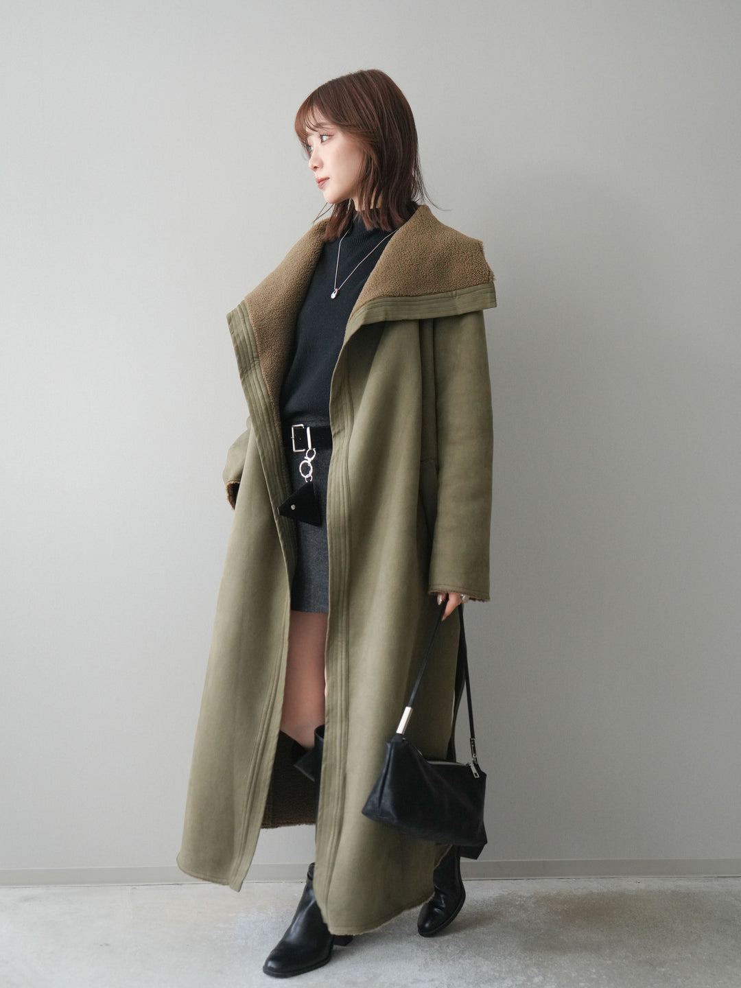 [予約]ウールタッチベルト付ミニスカート/black