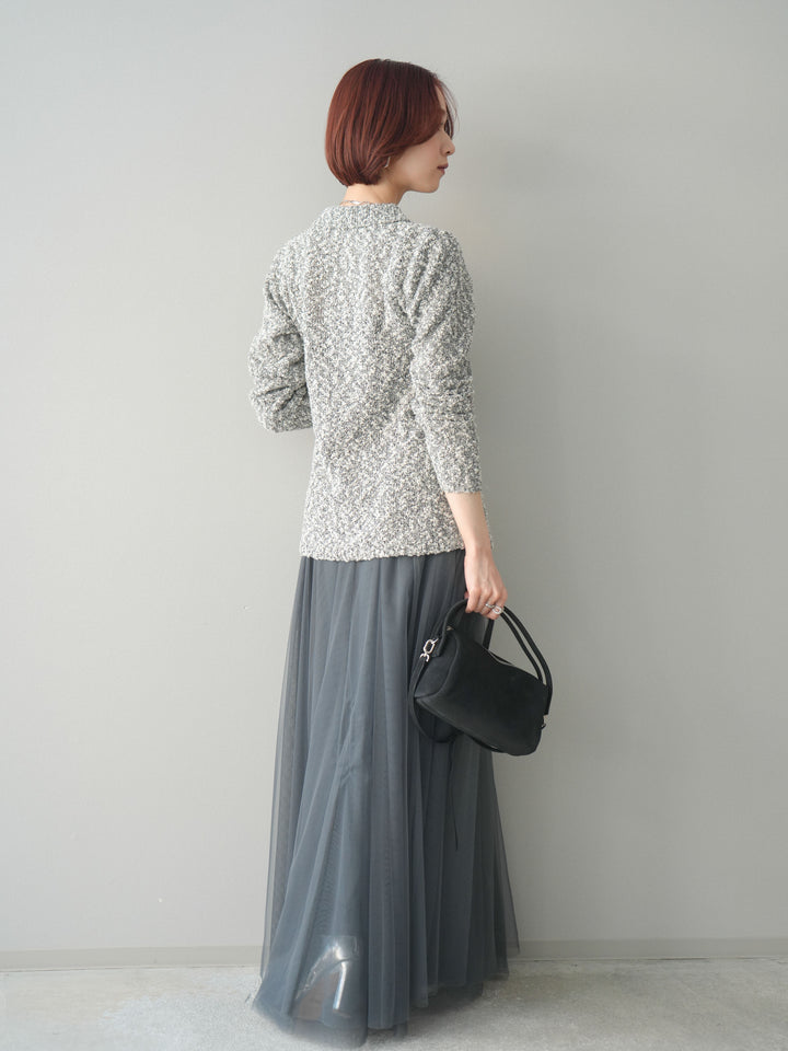 [SET]透かし編みブークレポロニットトップス+チュールボリュームスカート(2set)