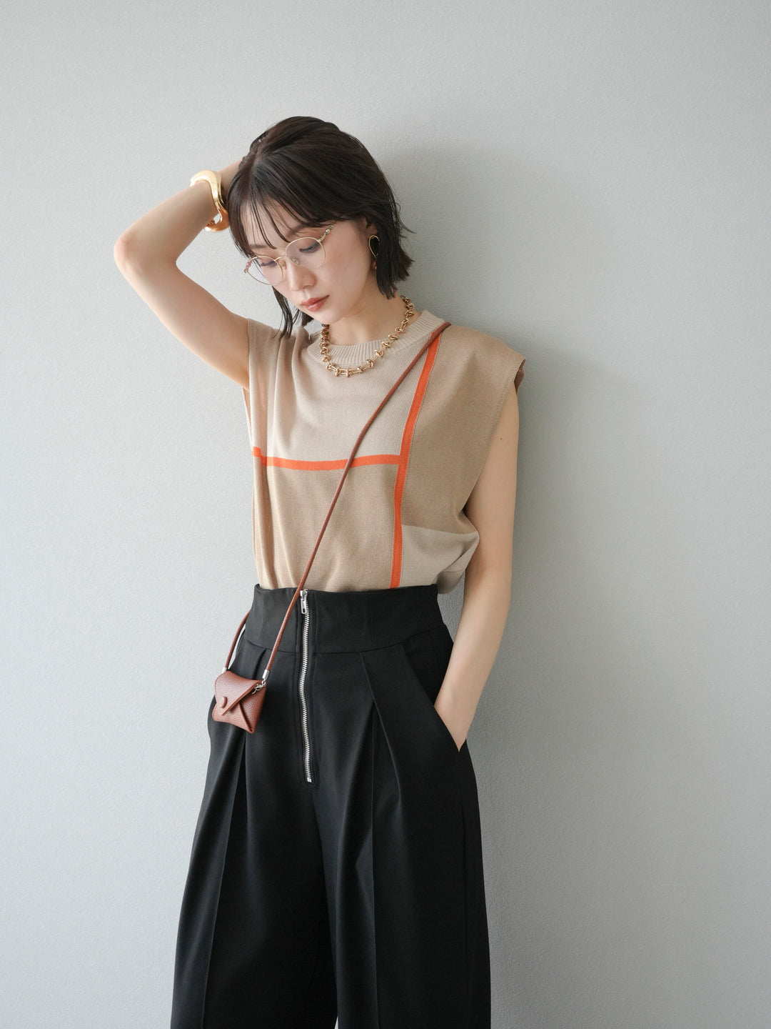 [予約]配色ノースリーブニットプルオーバー/ベージュ