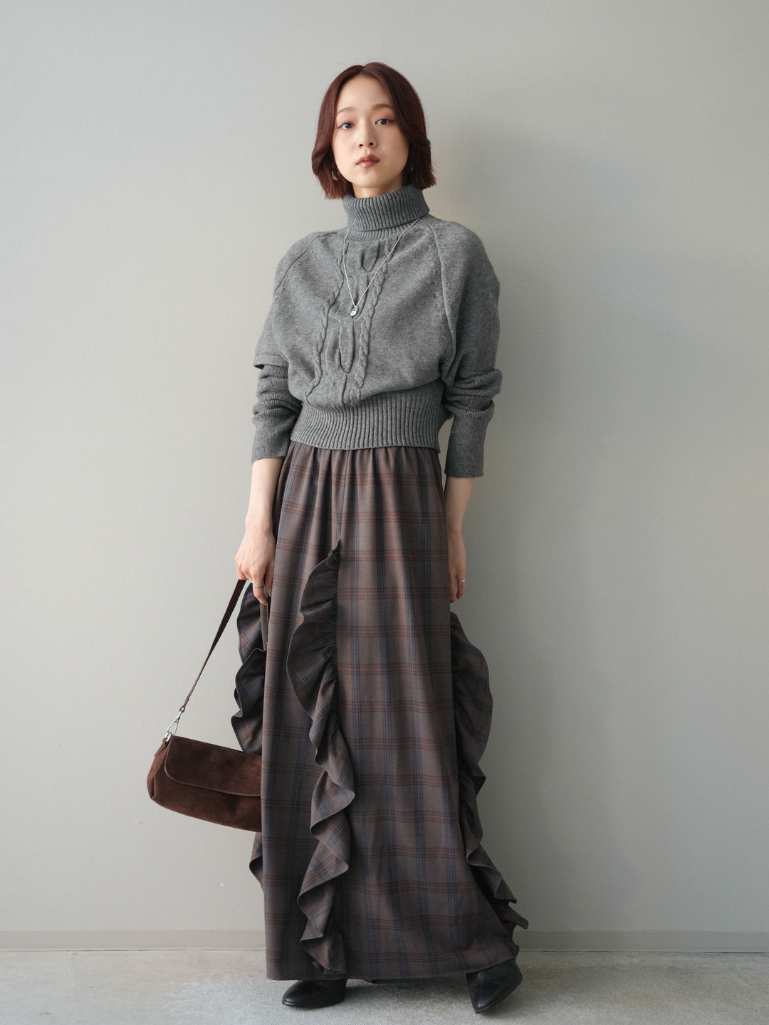 [予約]チェック柄フリルハイウエストマキシスカート/gray