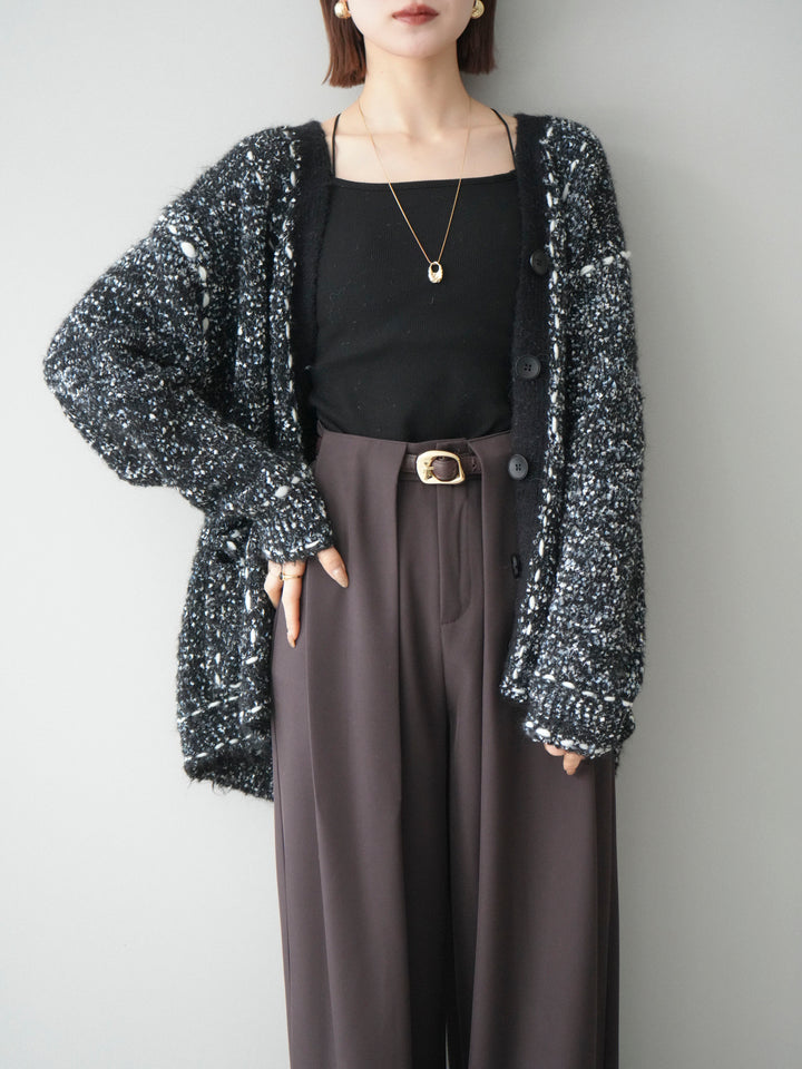 [SET]ブークレハンドステッチニットカーディガン+ベルトループデザインワイドパンツ(2set)