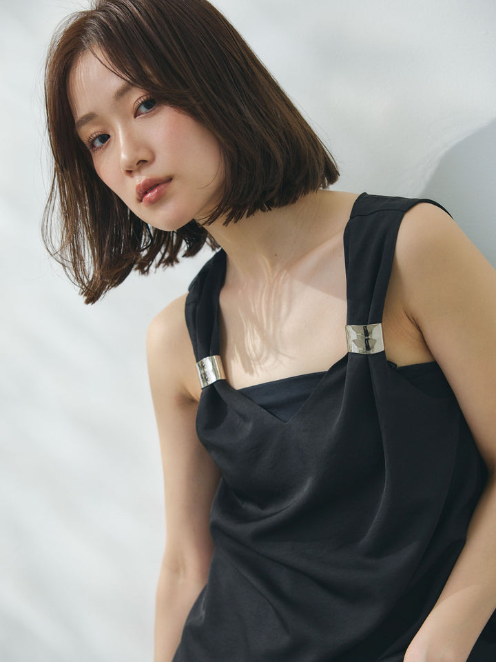 【Allure】[SET]メタルモチーフノースリーブブラウス+ウエストフリンジカットオフカーブデニムパンツ(2set)