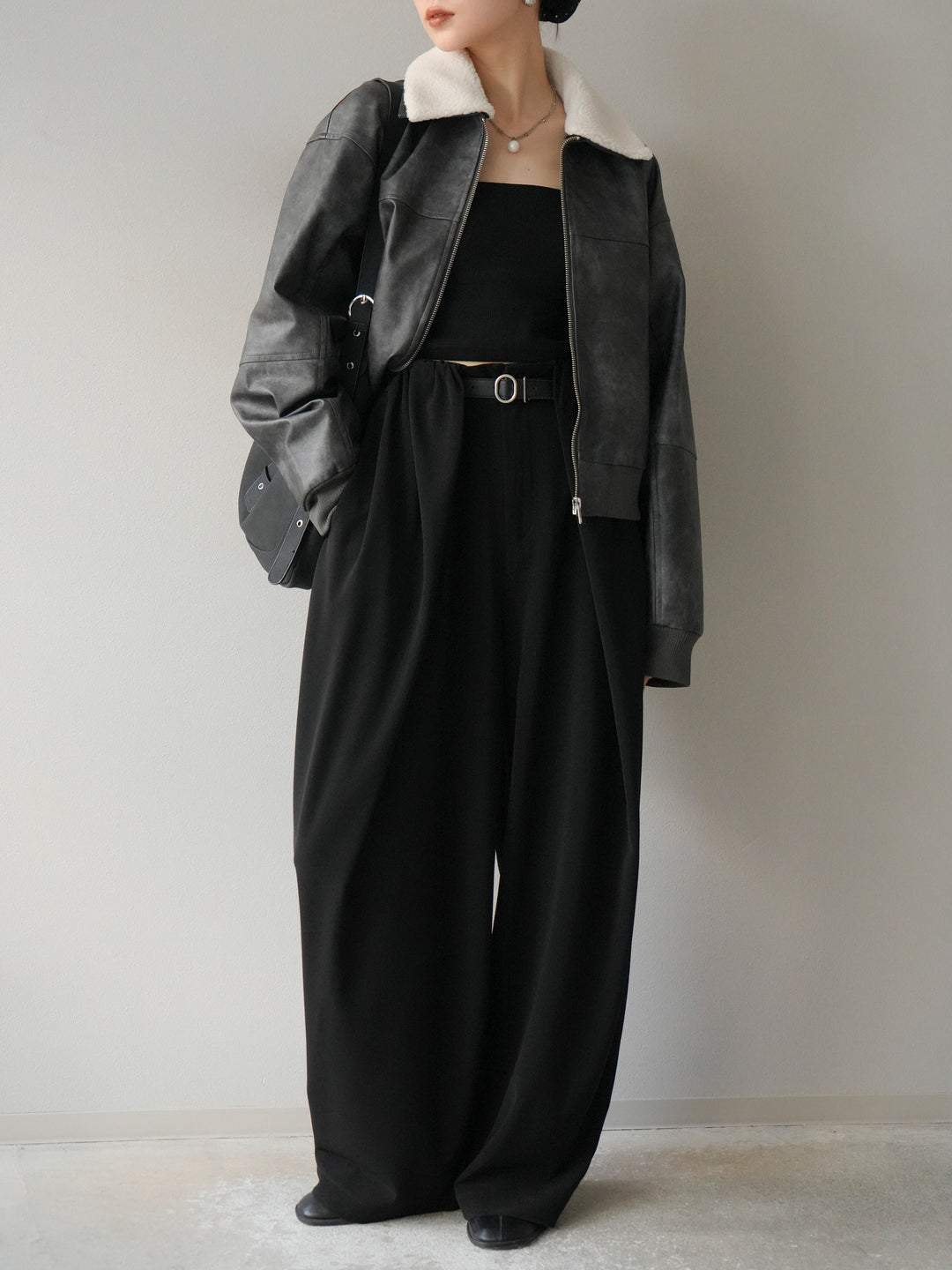 [予約]襟ボアヴィンテージレザーブルゾン/ブラック