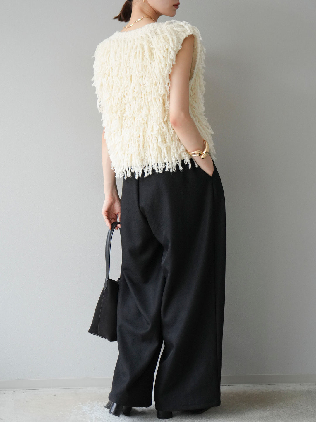 [予約]レザーパイピングタックワイドパンツ/ブラック