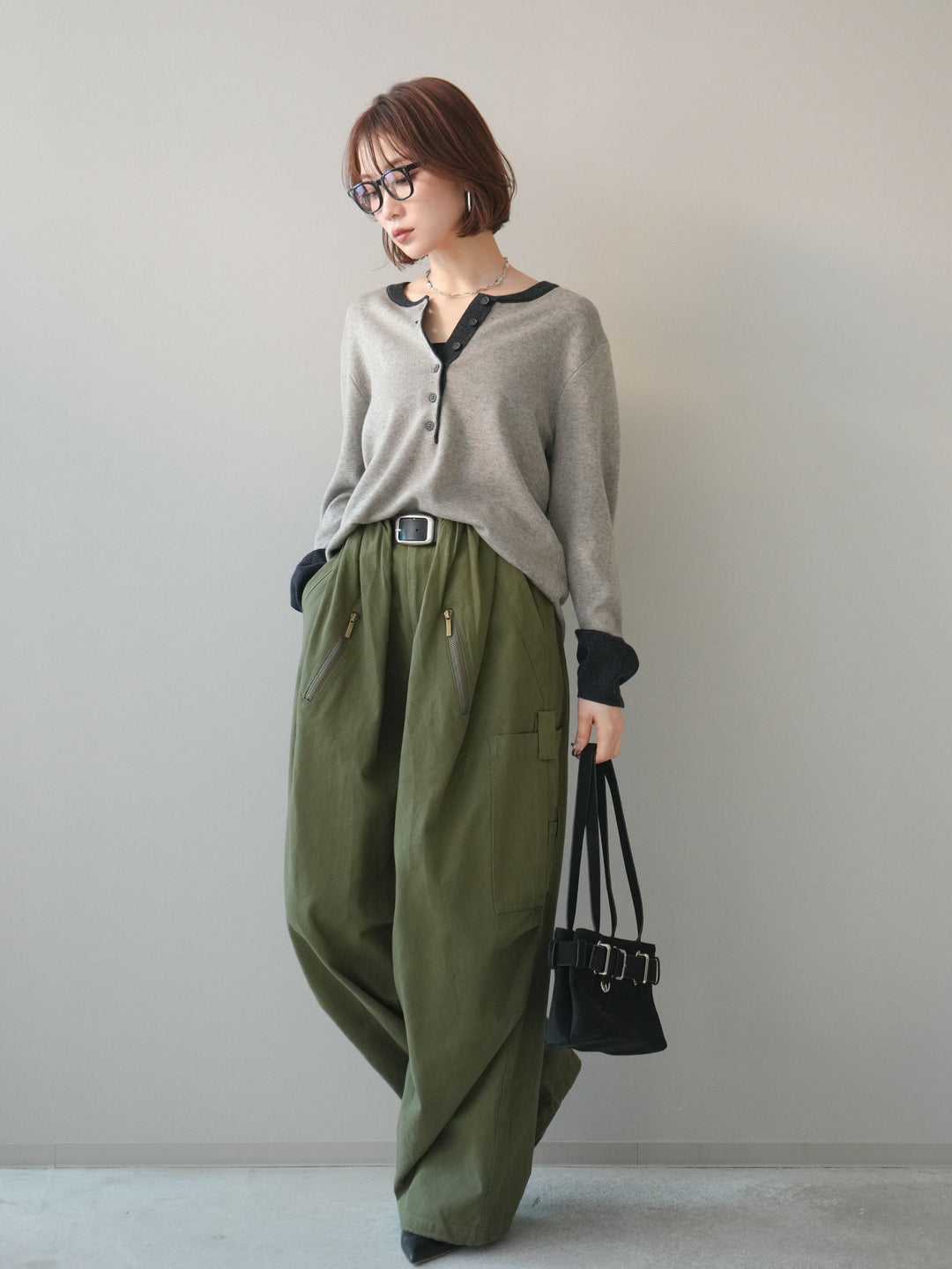 [SET]ヘンリーネック配色ニットソー+コットンタックループパンツ(2set)