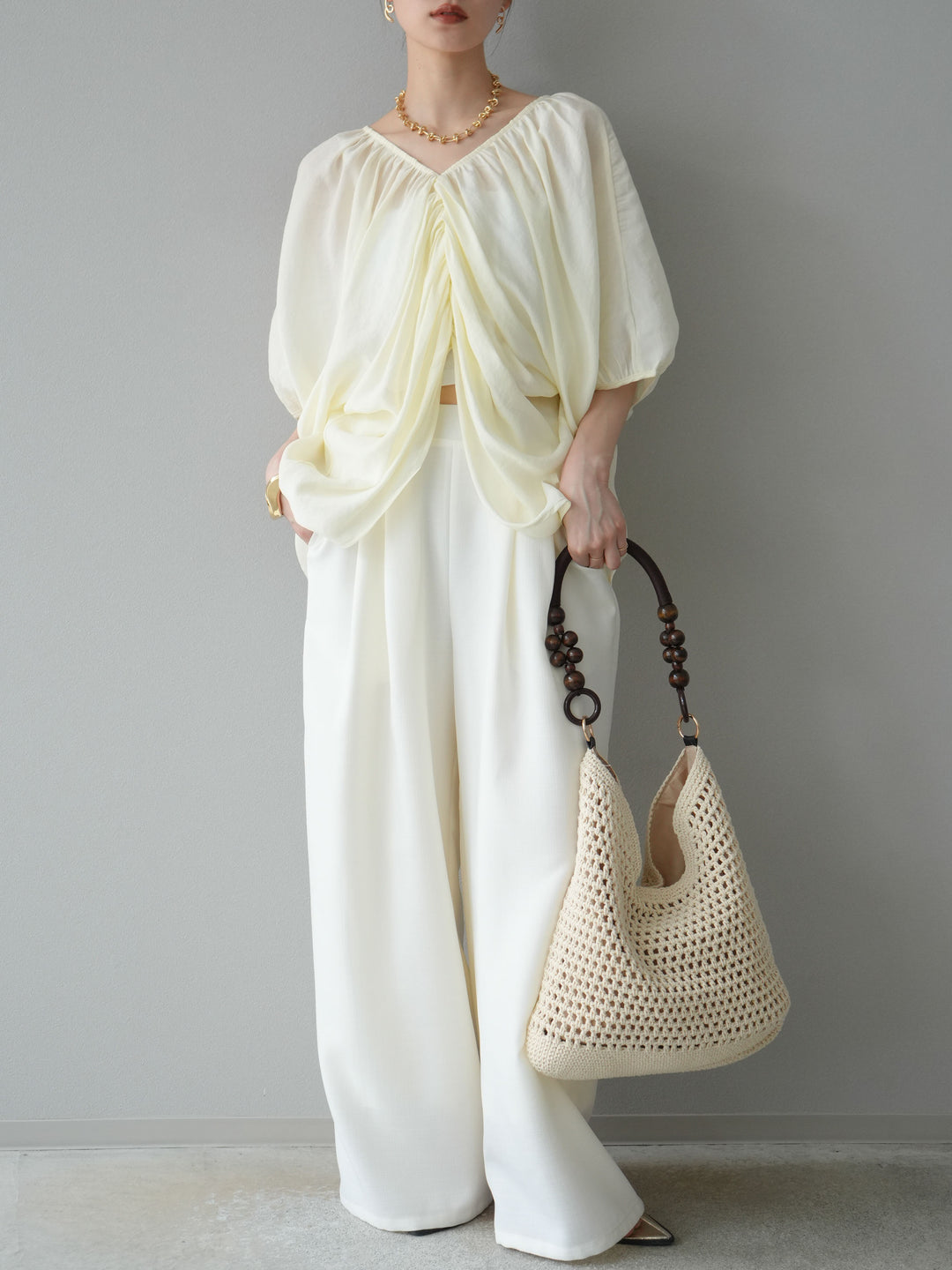 [予約]ボリュームスリーブシアータックブラウス/アイボリー