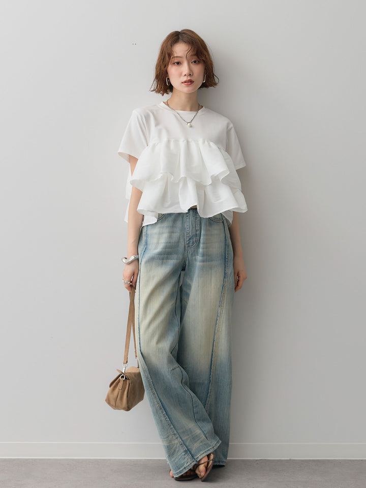 [SET]フリルティアードTEE+縦ウォッシュワイドデニムパンツ(2set)