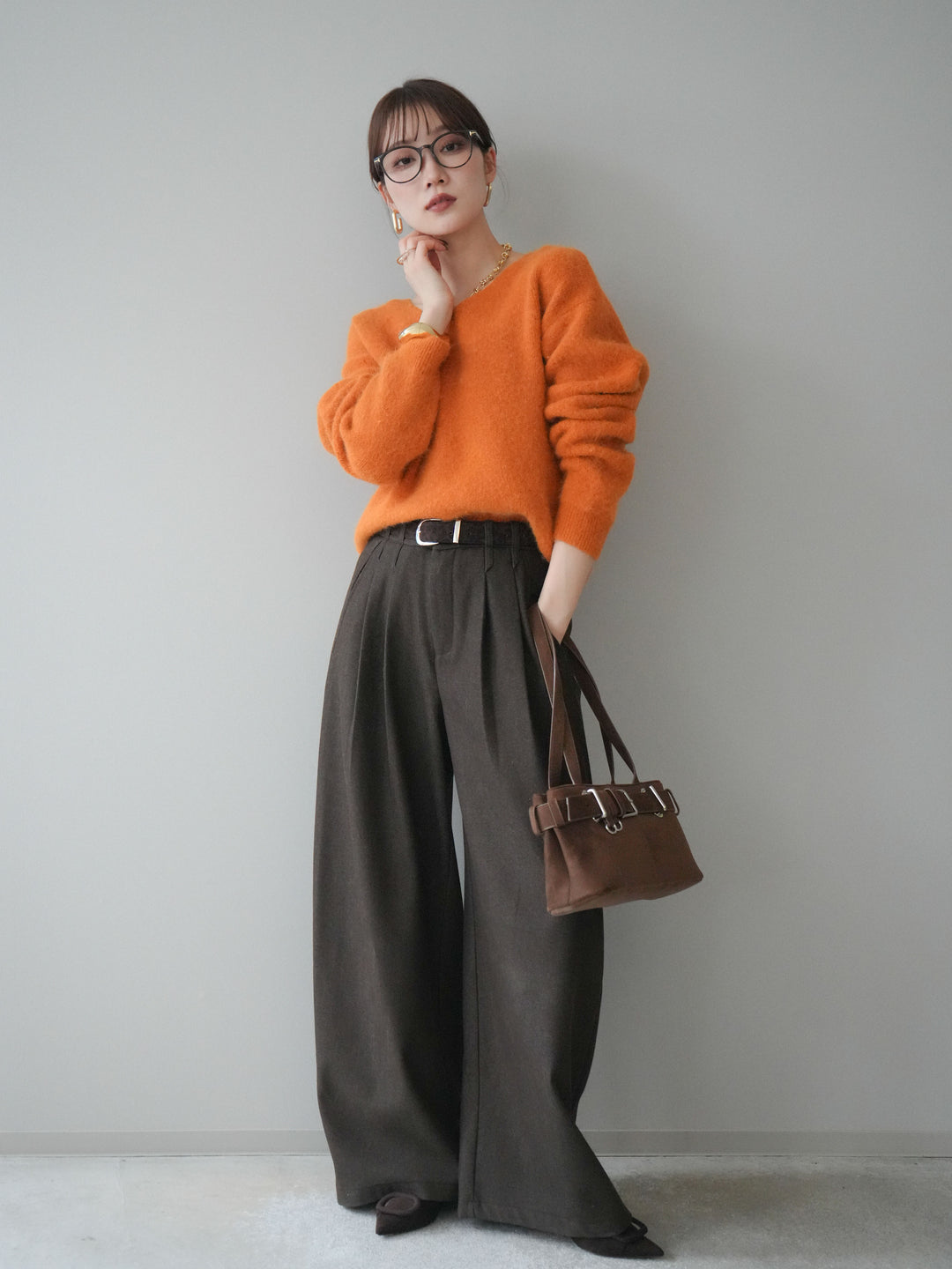 [予約]シュシュ付きアンゴラタッチVネックニットプルオーバー/orange