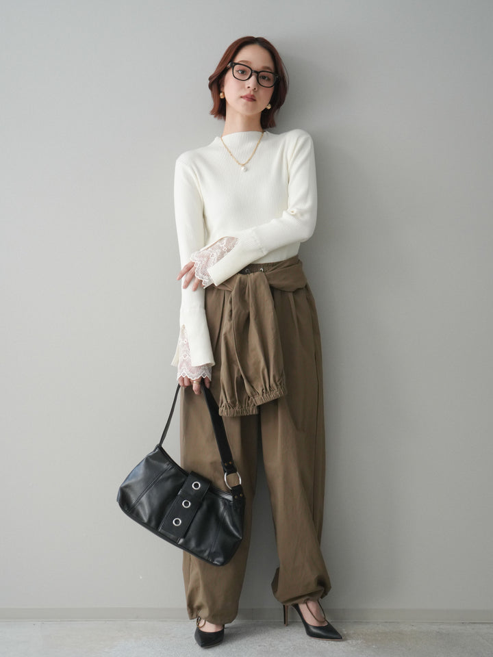[SET]袖スカラップレースオフネックニットトップス+ウエスト巻きデザインドロストコットンナイロンパンツ(2set)