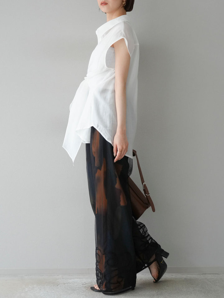 [SET] 前繫帶透視上衣 + 水彩藝術休閒褲 + 繩繡薄紗疊穿褲 (3 件套)