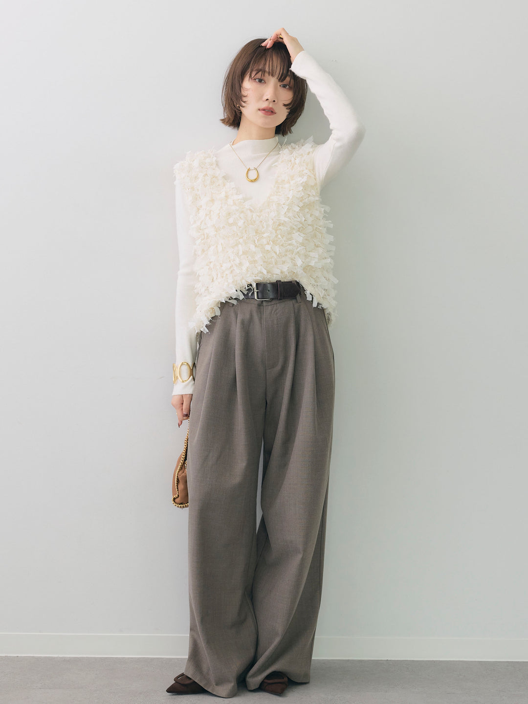 [SET]リボンフリンジベスト+ベルトデザインツータックドレープワイドパンツ(2set)