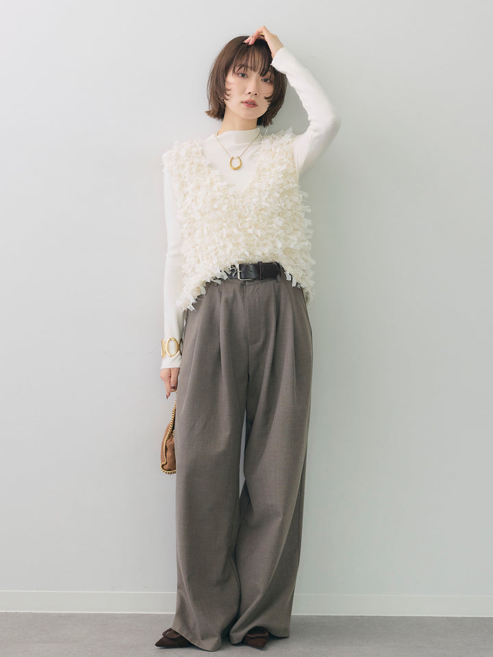 [SET]リボンフリンジベスト+ベルトデザインツータックドレープワイドパンツ(2set)