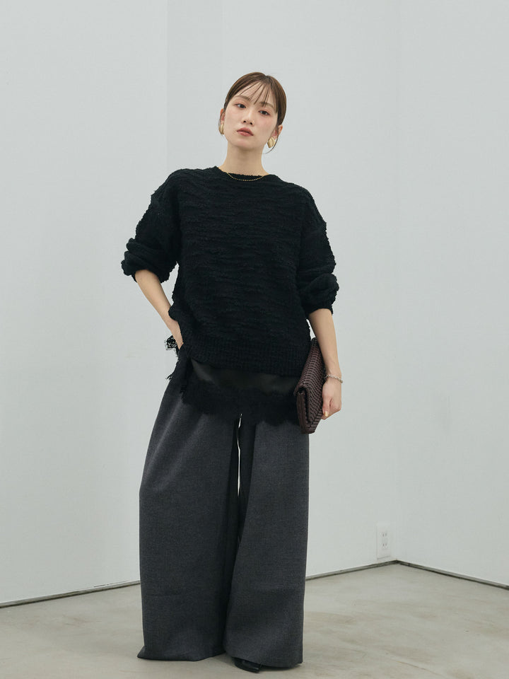 【Allure】[SET]バックリボンニュアンスブークレニットプルオーバー+ループデザインツイルワイドパンツ+サテンレースキャミソール(3set)