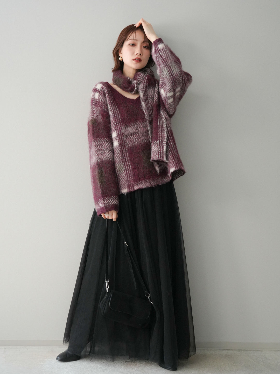 [SET]ストール付シャギーチェックニットプルオーバー+チュールボリュームスカート(2set)
