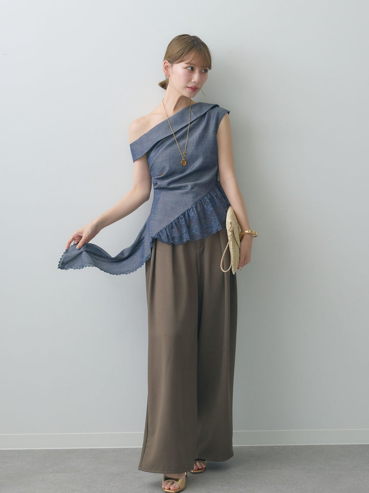 [SET]アシンメトリーラッフルレースヘムトップス+クレープデシンタックワイドパンツ(2set)